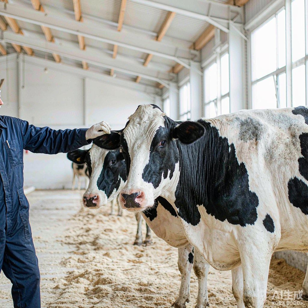 Veterinarian with Holstein cows in a modern dairy barn