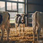 Three dairy calves in a straw-bedded pen