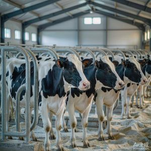 Young Holstein heifers in a clean modern barn