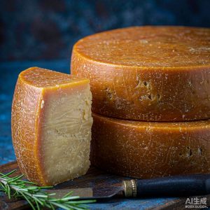 Aged artisan cheese wheels on a wooden board