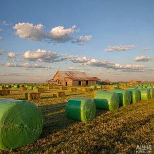 Wrapped silage and hay bales in a harvested field