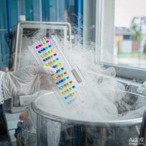 Cryogenic semen straws held above a liquid nitrogen tank
