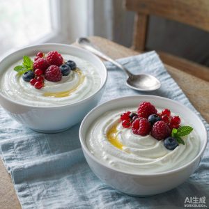 Natural yogurt bowls with berries and honey