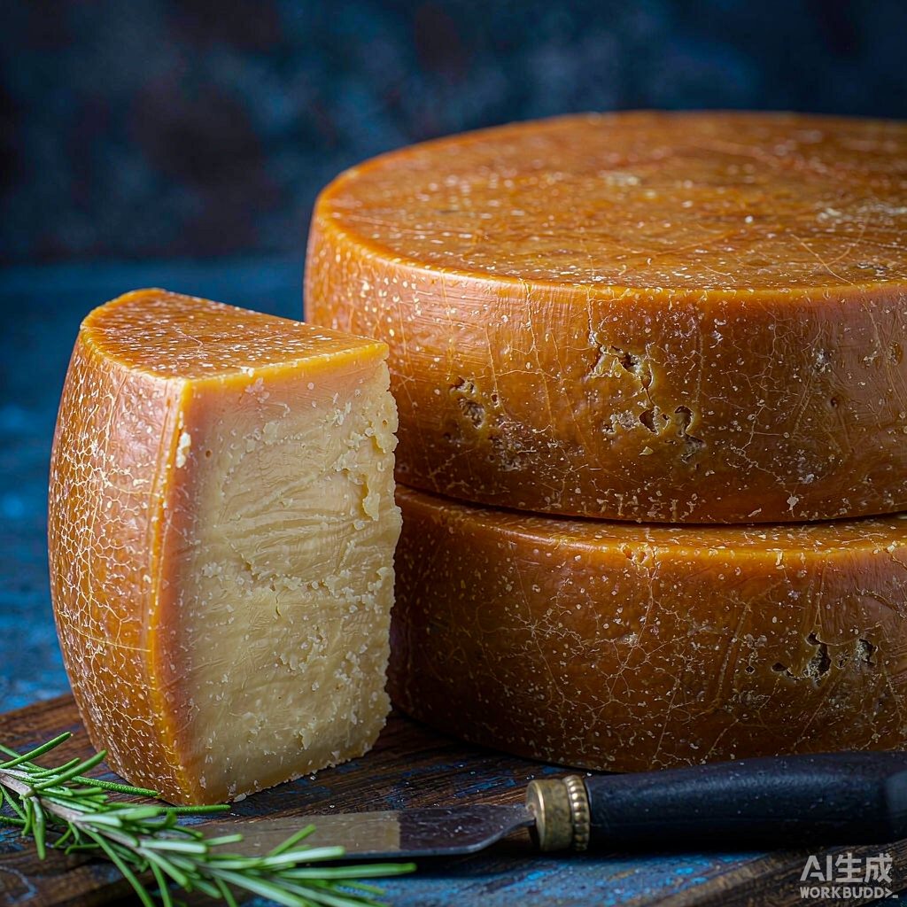 Aged artisan cheese wheels on a wooden board