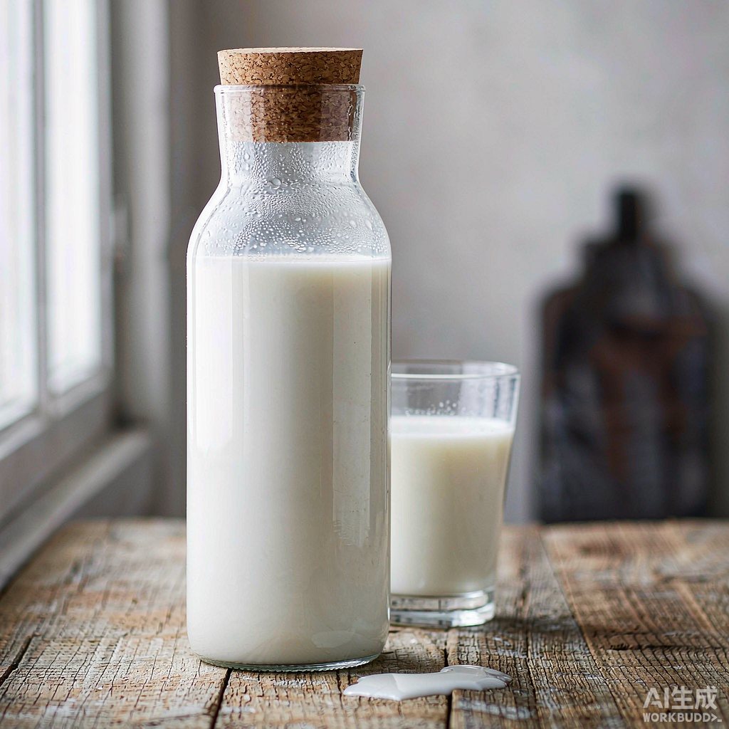 Fresh whole milk in a glass bottle and glass